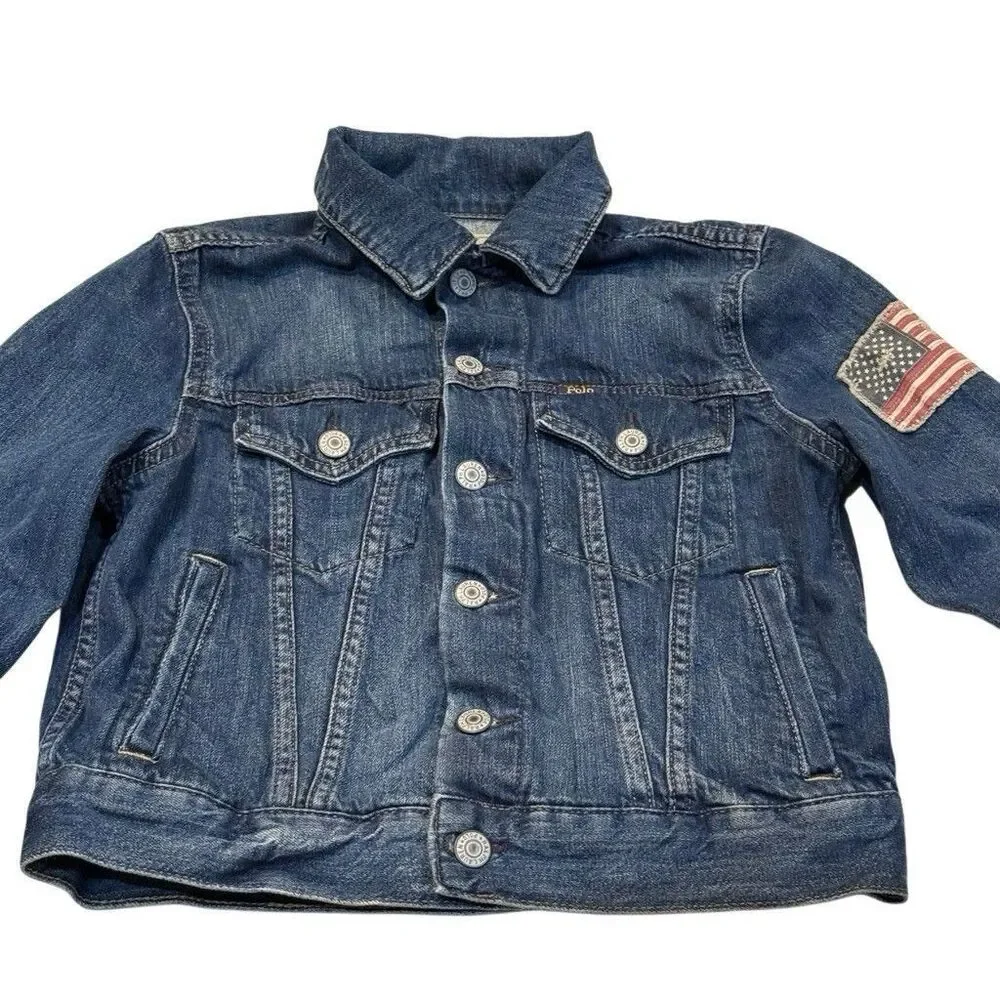 Ralph Lauren Jean Jacket M American Flag Girls Size 10-12 Medium Denim Dark Wash